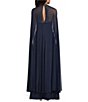 R & M Richards Stretch Satin Long Mesh Caplet Beaded Neck Long Dress - Image 2