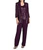 R & M Richards Three Piece Pantsuit With Sequin Mesh Tuxedo Jacket and Tank With Satin Lapels and Cuffs, Color:Plum - Image 1