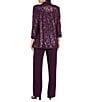 R & M Richards Three Piece Pantsuit With Sequin Mesh Tuxedo Jacket and Tank With Satin Lapels and Cuffs, Color:Plum - Image 2