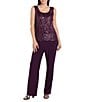 R & M Richards Three Piece Pantsuit With Sequin Mesh Tuxedo Jacket and Tank With Satin Lapels and Cuffs, Color:Plum - Image 3