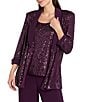 R & M Richards Three Piece Pantsuit With Sequin Mesh Tuxedo Jacket and Tank With Satin Lapels and Cuffs, Color:Plum - Image 5