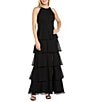 R & M Richards Tiered Solid Pebble Georgette Beaded Halter Neck Sleeveless Gown - Image 1