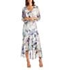 Color:Blue Lavender - Image 1 - Watercolor Floral Printed Chiffon V-Neck Ruffle High-Low 3/4 Sleeve 2-Piece Jacket Gown