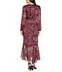 R & M Richards Wet Print Metallic Satin Chiffon Long Sleeve V-Neck Ruffle Front Faux Wrap Dress, Color:Berry - Image 2