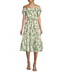 Color:Sage Toile - Image 1 - Floral Toile Print Cotton Poplin Off-the-Shoulder Ruffle Short Puff Sleeve Belted Tiered Midi Dress