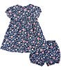 Color:Navy - Image 3 - Baby Girls 6-24 Months Peter Pan Collared Cap Sleeve Button Up Floral Print Dress