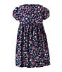 Color:Navy - Image 2 - Baby Girls 6-24 Months Peter Pan Collared Cap Sleeve Button Up Floral Print Dress