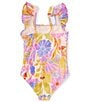 Color:Multi - Image 2 - Big Girls 7-16 Flutter Sleeve Floral Print One-Piece Swimsuit
