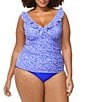 Raisins Curve Plus Size Amalfi Coast Andressa V-Neck Ruffle Trim Tankini Swim Top, Color:Blue - Image 3