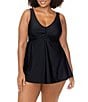 Raisins Curve Plus Size Lucia Solid V-Neck Cross Front Twist One Piece Swimdress, Color:Black - Image 1