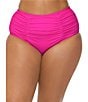 Raisins Curve Plus Size Malo Solid High Waist Shirred Swim Bottom, Color:Pink - Image 1