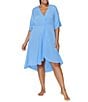 Color:Blue - Image 1 - Curve Plus Size Paraiso Solid Draped V-Neck Hi-Low Hem Cover-Up Dress