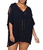 Color:Black - Image 1 - Curve Plus Size Tranquilo Solid Crochet Detail V-Neck Cold Shoulder Caftan Cover-Up