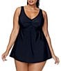 Color:Black - Image 1 - Curve Plus Size Tranquilo Solid Twist Front V-Neck Tummy Control One-Piece Swim Dress