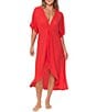 Color:Red - Image 1 - Paradise Solid V-Neck Short Sleeve Slit Front Caftan Swim Cover-Up