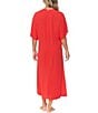 Color:Red - Image 2 - Paradise Solid V-Neck Short Sleeve Slit Front Caftan Swim Cover-Up