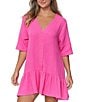 Color:Pink - Image 1 - Sol V-Neck Ruffle Hem Button Front Swim Cover-Up Dress