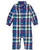Color:Royal/White Multi - Image 1 - Baby Boys 3-12 Months Long Sleeve Plaid Brushed Flannel Coveralls
