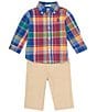 Color:Royal/Red Multi - Image 1 - Baby Boys 3-24 Months Long Sleeve Plaid Shirt & Chino Pant Set