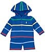 Color:Sapphire Star Multi - Image 1 - Baby Boys 3-24 Months Long-Sleeve Striped Henley Hooded Fleece Shirt & Short Set