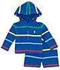 Color:Sapphire Star Multi - Image 3 - Baby Boys 3-24 Months Long-Sleeve Striped Henley Hooded Fleece Shirt & Short Set