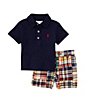 Color:Refined Navy - Image 1 - Baby Boys 3-24 Months Short-Sleeve Jersey Polo Shirt & Madras Shorts Set
