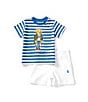 Color:New England Blue/White - Image 1 - Baby Boys 3-24 Months Short-Sleeve Striped Polo Bear Jersey T-Shirt & Mesh Shorts Set