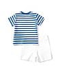 Color:New England Blue/White - Image 2 - Baby Boys 3-24 Months Short-Sleeve Striped Polo Bear Jersey T-Shirt & Mesh Shorts Set