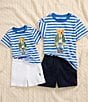 Color:New England Blue/White - Image 3 - Baby Boys 3-24 Months Short-Sleeve Striped Polo Bear Jersey T-Shirt & Mesh Shorts Set
