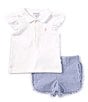 Color:Blue/White - Image 1 - Baby Girls 3-24 Months Flutter-Sleeve Mesh Polo Shirt & Seersucker Short Set
