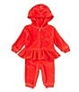 Color:RL 2000 Red - Image 1 - Baby Girls 3-24 Months Long-Sleeve Velour Peplum-Hem Hoodie & Matching Jogger Pant Set
