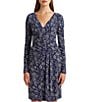 Color:nvy/crm/pk - Image 3 - Ralph Lauren Floral Stretch Jersey Surplice V-Neck Pleated Long Sleeve A-Line Dress