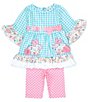 Color:Aqua - Image 1 - Baby Girls 3-24 Months 3/4 Sleeve Easter Bunny Checked Seersucker Fit & Flare Dress & Dotted Leggings Set