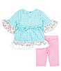 Color:Aqua - Image 2 - Baby Girls 3-24 Months 3/4 Sleeve Easter Bunny Checked Seersucker Fit & Flare Dress & Dotted Leggings Set