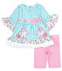 Color:Aqua - Image 3 - Baby Girls 3-24 Months 3/4 Sleeve Easter Bunny Checked Seersucker Fit & Flare Dress & Dotted Leggings Set