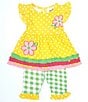 Color:Yellow - Image 1 - Baby Girls 3-24 Months Cap-Sleeve Dotted/Floral Fit-And-Flare Dress & Checked Leggings Set