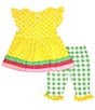 Color:Yellow - Image 2 - Baby Girls 3-24 Months Cap-Sleeve Dotted/Floral Fit-And-Flare Dress & Checked Leggings Set