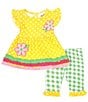 Color:Yellow - Image 3 - Baby Girls 3-24 Months Cap-Sleeve Dotted/Floral Fit-And-Flare Dress & Checked Leggings Set