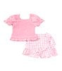Color:Pink - Image 1 - Baby Girls 3-24 Months Eyelet-Embroidered-Puffed-Sleeve Knit Top & Gingham Seersucker Skort Set