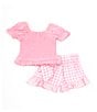 Color:Pink - Image 2 - Baby Girls 3-24 Months Eyelet-Embroidered-Puffed-Sleeve Knit Top & Gingham Seersucker Skort Set