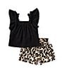 Color:Black - Image 1 - Baby Girls 3-24 Months Flutter-Sleeve Solid Tunic Top & Cheetah-Printed Shorts Set