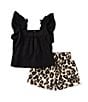 Color:Black - Image 2 - Baby Girls 3-24 Months Flutter-Sleeve Solid Tunic Top & Cheetah-Printed Shorts Set