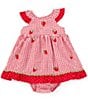 Color:Red - Image 1 - Baby Girls 3-24 Months Flutter Sleeve Strawberry-Schiffli-Embroidered Checked Seersucker Fit & Flare Dress
