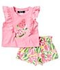 Color:Pink - Image 1 - Baby Girls 3-24 Months Flutter-Sleeve Watermelon-Appliqued & Allover-Watermelon-Printed Shorts Set