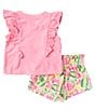 Color:Pink - Image 2 - Baby Girls 3-24 Months Flutter-Sleeve Watermelon-Appliqued & Allover-Watermelon-Printed Shorts Set