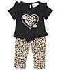 Color:Cheetah/Black - Image 1 - Baby Girls 3-24 Months Short-Sleeve Heart-Appliqued Rib-Knit Tee & Cheetah-Printed Leggings Set