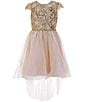 Color:Taupe - Image 1 - Big Girls 7-16 Cap Sleeve Sequin-Embellished /Sheer-Overlay Skirted Fit-And-Flare Dress
