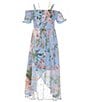 Color:Blue - Image 1 - Big Girls 7-16 Cold-Shoulder Foiled Floral Printed Chiffon Long Dress