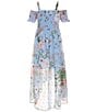 Color:Blue - Image 2 - Big Girls 7-16 Cold-Shoulder Foiled Floral Printed Chiffon Long Dress