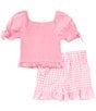 Color:Pink - Image 2 - Big Girls 7-16 Eyelet-Embroidered-Puffed-Sleeve Top & Gingham Skort Set